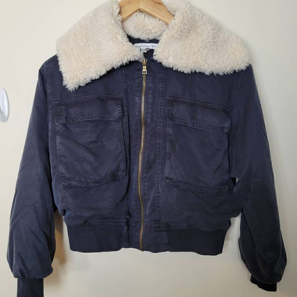 Young Fabulous & Broke Earhart Shearling Jacket Blue Faux Fur Collar Cropped XS